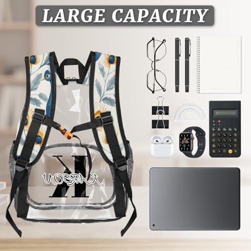 Personalized Small Clear Backpack Stadium Approved Heavy Duty PVC Plastic Custom Peacock Transparent Backpacks See Through Bag with Name, Blue Bird3