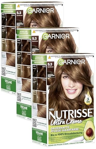Garnier Nutrisse Dauerhafte Pflege-Haarfarbe mit nährenden Fruchtölen, Coloration mit 8 Wochen Halt, Ultra Crème Tönung, 053 Samtbraun (Packung mit 3)