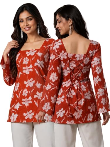 Image of Rayon Floral Print Short Kurti for Women | Square Neck Long Sleeve Top for Women | Criss Cross Back Desing Kurti | Soft Breathable Fabric | Relaxed Fit | Casual and Office Wear