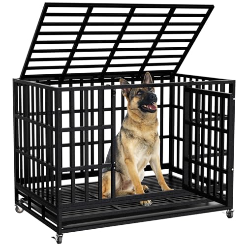 SHUSHIM 48 Inch Heavy Duty Dog Crate Kennel with Wheels, High Anxiety Indestructible Dog Crates for...