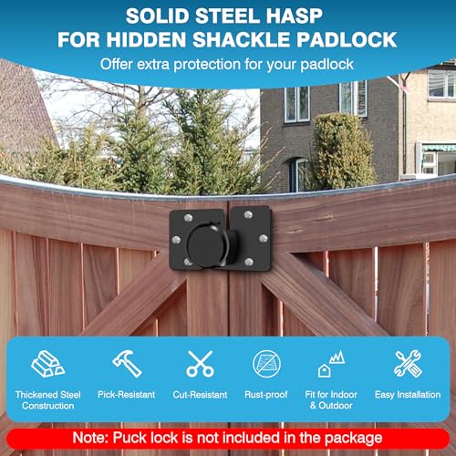 Image of IRONWALLS Puck Lock Hasp Black 2 Packs, Heavy Duty Lock Hasp for Hidden Shackle Padlock Diameter Within 2-7 /8 inch /73mm, Steel Puck Lock Holders Brackets for Shipping Container, Trailers Doors
