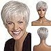 Emmor Short Silver Grey Human Hair Wigs for Women Blend Pixie Cut Wig With Bang Light Weight,Natural Daily Use Hair (Color 101#)