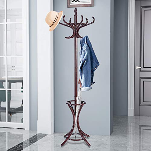 Tangkula-755-Standing-Coat-Rack-Wood-Coat-Tree-with-12-Hooks-Home-Hat-Jacket-Hanger-Tree-12-with-Umbrella-Holder-Coat-Stand-Brown Tangkula 755 Standing Coat Rack Wood Coat Tree with 12 Hooks Home Hat Jacket Hanger Tree 12 with Umbrella Holder Coat Stand Brown