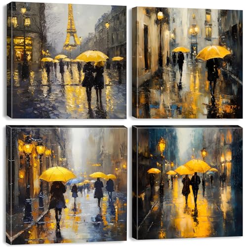 Abstract Rain City Canvas Wall Art Romantic Paris Street Scenery Pictures Couples Bedroom Decor...