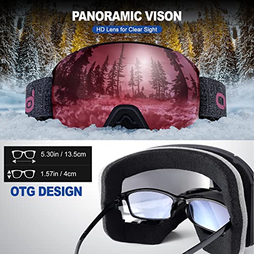 Odoland Ski Goggles Set With Detachable Lens, Interchangeable Lens, Anti-Fog 100% Uv Protection Snow Goggles For Men And Women, Helmet Compatible, Black Frame Rose Lens Vlt 11% #TOP3