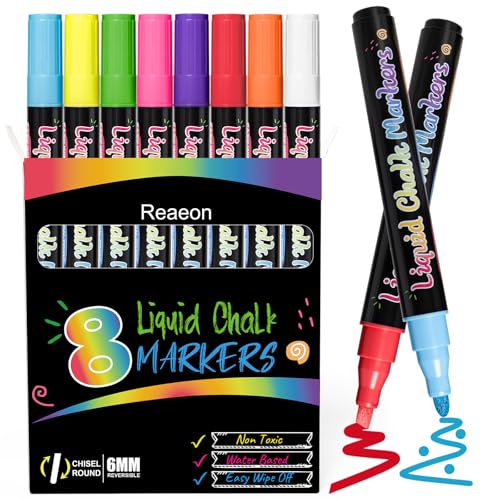 Chalk Markers, Vibrant Color Liquid Chalk Pens, for Chalkboard, Blackboard, Window, Glass, Mirror, Water-Based, Non-Toxic, 6mm Reversible Tip, 8 Pack