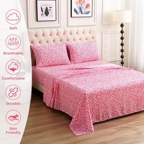 Image of Mooreeke Leopard Cheetah Printed Twin Bed Sheets, Soft Microfiber Bedding Sheets & Pillowcases, Deep Pocket Non-Slip Fitted Twin Sheet, Pink Animal Pattern Bedsheets