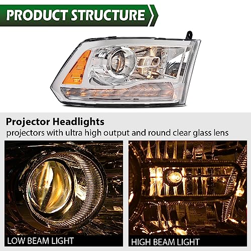 Image of GRAND ORANGE LED DRL Chrome Projector Headlights Assembly Compatible with 2013-2018 Dodge Ram 1500 2500 3500 FACTORY PROJECTOR 9 PIN MODEL Headlamps Clear Lens Amber Reflector