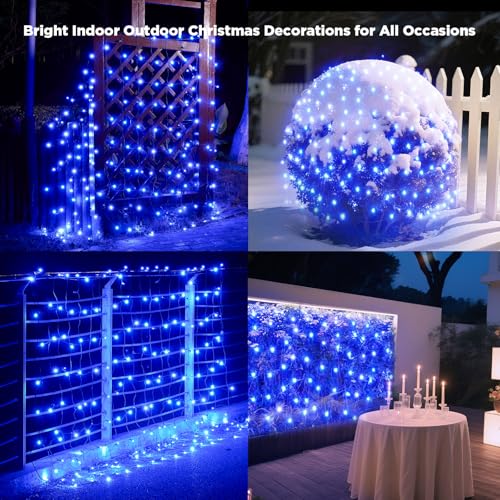 Image of Led Net Lights Christmas Lights Outdoor 200Leds 9ft x 6ft Upgraded Blue Christmas Net Lighting, Waterproof 5mm LED Wide Angle Outdoor Indoor Mesh Net Light for Trees, Bushes, Shrubs Decorations