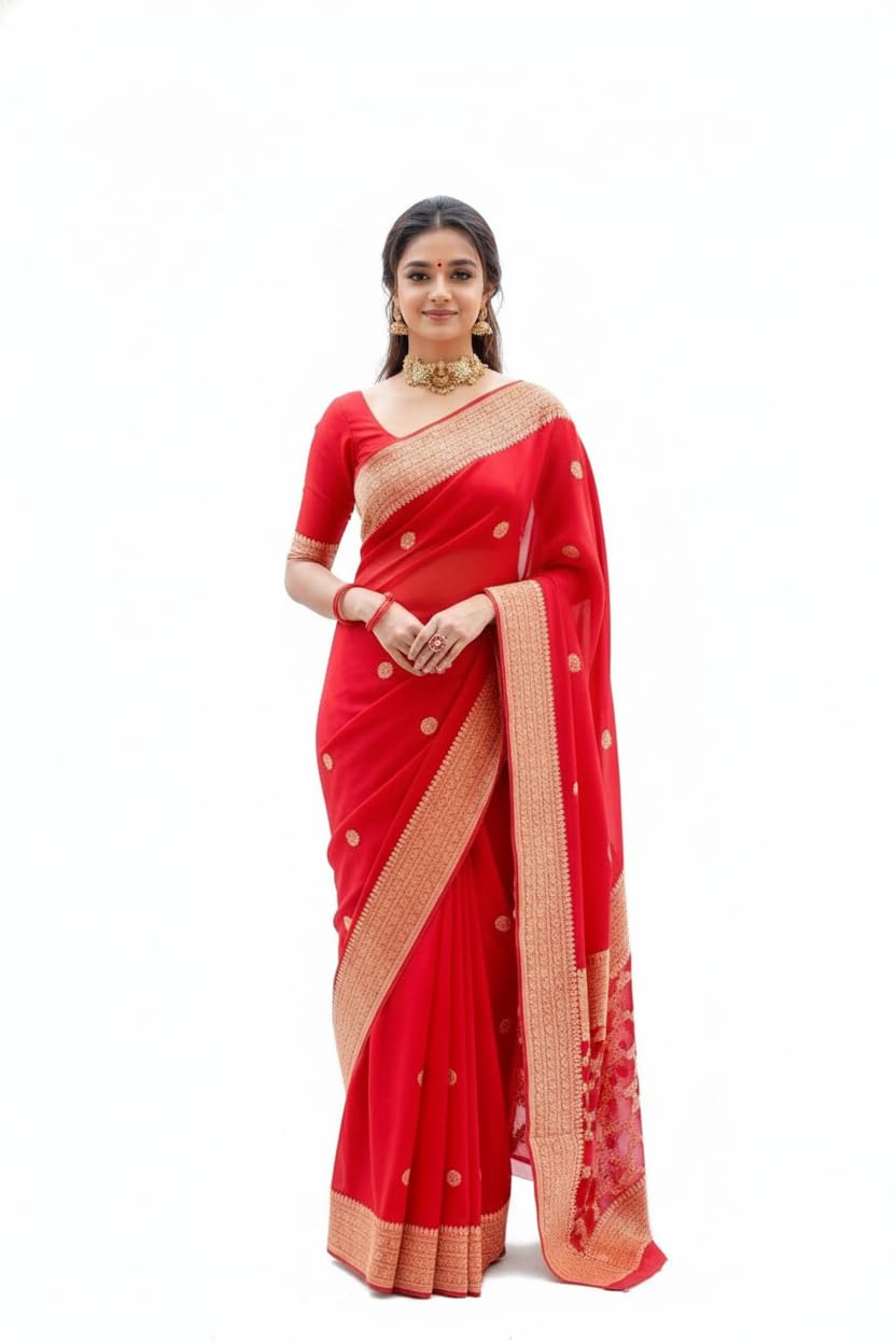 Banarasi Style Woven Silk Saree for Women with Zari Border & Butta Design | Traditional Festive Saree with Unstitched Blouse-image-36