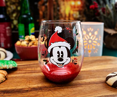 Disney Mickey Mouse Santa Hat Teardrop Stemless Wine Glass Tumbler Cup For Mimosas, Cocktails | Holds 20 Ounces #TOP2