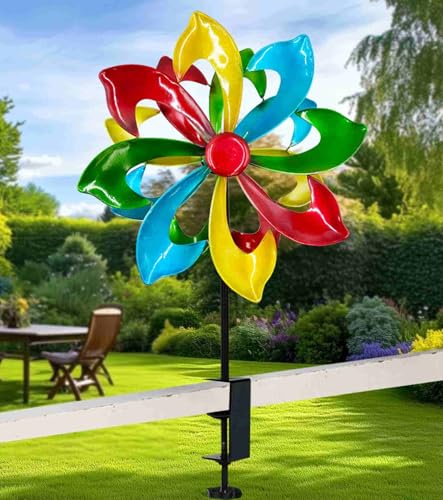OUISJYER Colorful Wind Spinner Outdoor, Deck Mounted Kinetic Wind Spinner & Sculpture with Sturdy Adjustable Clamp 13' W Double Blades Windmill for...