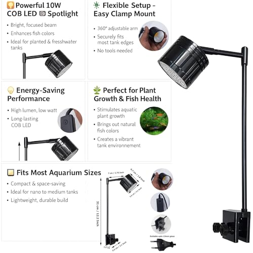 Image of JAINSONS PET PRODUCTS 10W Aquarium Clip-On LED Spotlight - High Intensity COB Light for Fish Tanks | Adjustable Arm with Clamp Mount | Energy Efficient Lighting for Planted & Freshwater Aquariums