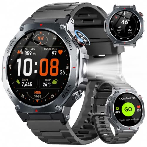 Image of Jugeman Military Smart Watch for Men Built-in GPS, 1.43 inch AMOLED-Deep Black | LED Flashlight, Compass, 5ATM Waterproof Fitness Tracker with Heart Rate /Sleep /Blood Oxygen, Watches for Android /iPhone