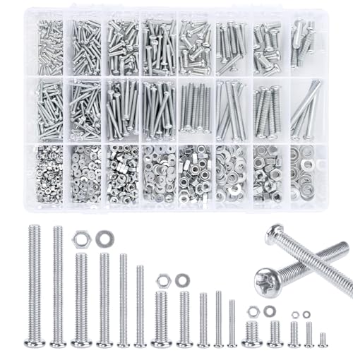 M2 M3 M4 M5 Schrauben Set 1320 Stk, Linsenkopfschrauben, Gewindeschrauben Set, Schrauben Muttern Set, Kreuzschlitzschrauben mit Sechskantmuttern und Unterlegscheiben, Maschinenschrauben Sortiment Kit