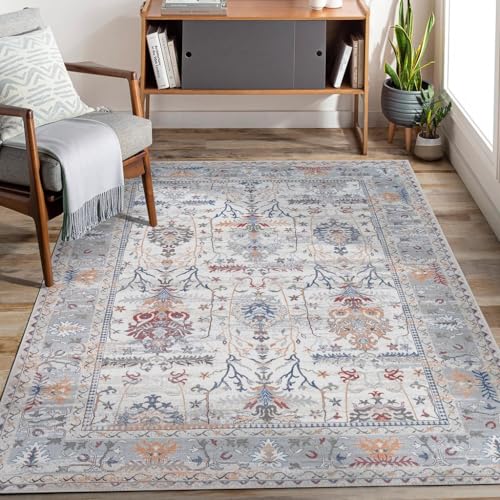 Adiva Rugs Machine Washable 5×7 Area Rug with Non Slip Backing for Living Room, Bedroom, Bathroom, Kitchen, Printed Vintage Home Decor, Floor Decoration Carpet Mat (Multi, 5′ x 7′)