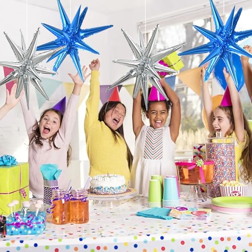 Image of TONIFUL 8 Pcs Blue and Silver Explosion Star Foil Balloon Party Decoration | 22 Inch Large Mylar Star Balloon for New Year Christmas Winter Wedding Baby Shower 30th 40th Men's Birthday Party Decor