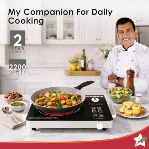 Image of Wonderchef Evita Infrared Electric Cooktop with Crystal Glass Surface, 2200W, Led Display, Compatible with Steel,Ceramic,Cast-iron,Aluminium Cookware, Auto Cut-off, 2-Yr Warranty