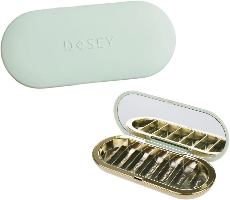 Dosey 7 Day Pill Compact Travel Pill Organizer - Pill Case with 7 Pill Compartments for Medicine Storage & Protection – Stylish & Elegant Medication Organizer with Mirror, Sage
