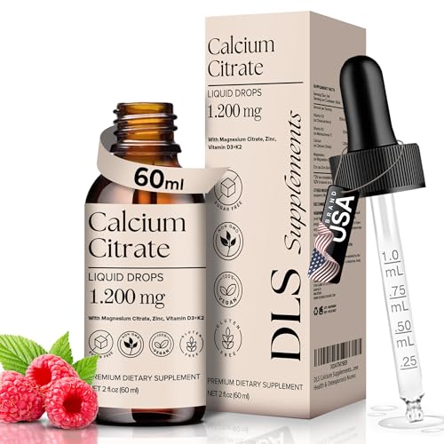 DLS Calcium Supplements for Women Liquid Calcium Citrate 1200mg with VIT D3 K2 Zinc Magnesium Citrate Drops for Strong Bones Osteoporosis Support Non-GMO Gluten-Free Vegan 60 ml 2 fl oz