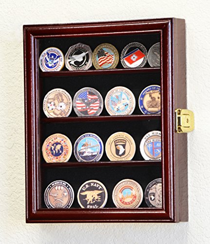 XS Military Challenge Coin Display Case Cabinet Holder Rack Box w/UV Protection -Cherry Finish