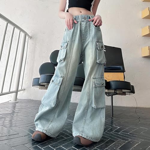 Girls Baggy Straight Cargo Jeans Wide Leg Elastic High Waist Denim Pants Teens Fall Trendy Distressed Streetwear Clothes2