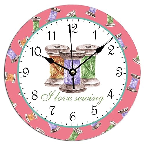 ArogGeld I Love Sewing Wall Clocks Craft Room Decor Dressmaker Wooden Wall Clock Silent Battery Operated Wood Clocks for Home Office School 12x12in Birthday Housewarming Gift to Friend