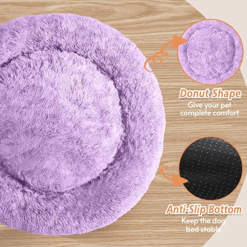 Image of JOLLYVOGUE Calming Dog Bed Medium Size Dog, 31in Donut Washable Medium Pet Bed, Anti-Slip & Anti-Anxiety Fluffy Faux Fur Round Dogs Bed, Fits up to 45 lbs Pets (Purple)