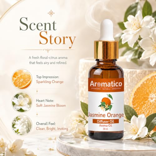 Image of AROMATICO Jasmine Orange Diffuser Oil for Relax Calm Mood, Natural Homely Fragrance & Aromatherapy | Long Lasting Fragrance for Office, Home, Spa & Restaurant 30ML