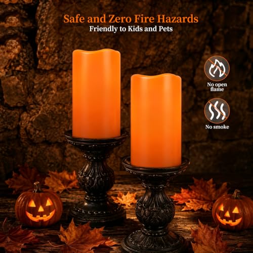 Image of Amagic 3 inchx6 inch Flameless Candles, Waterproof LED Pillar Candles, Set of 2 | Battery Operated Halloween Candles with Remote & Timer, Orange LED Pillar Lights for Outdoor, Patio, Home and Halloween Decor
