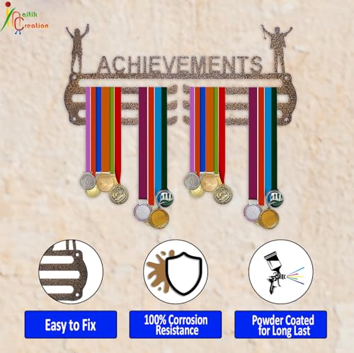 Image of NAITIK CREATION Achievements Medal Hanger for Wall - Metal Wall Display - Holds Up to 65 Medals - Sports Medal Holder - Premium Antique Golden - Perfect for Kids and Athletes