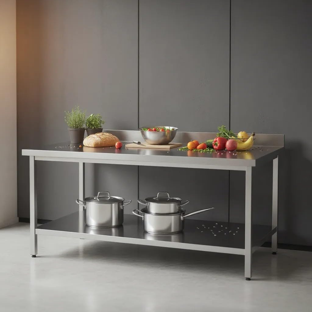 Générique Table INOX Professionnelle Adossée – 1600 x 600 mm – Plan de Travail Spacieux – Dosseret 100 mm – Étagère Basse – Charge 150 kg