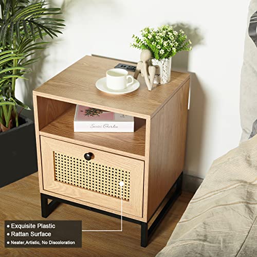 Tepledge Rattan Nightstand With Charging Station, Bedside Table End Table For Living Room And Bedroom #TOP3