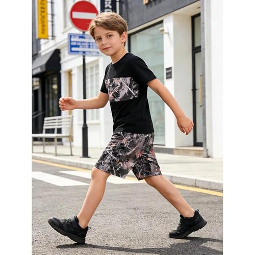 Image of Size 6-12 Years Boys Summer Outfits Set Kids Short Sleeve Top T-Shirt & Shorts Color Block Clothing Sets