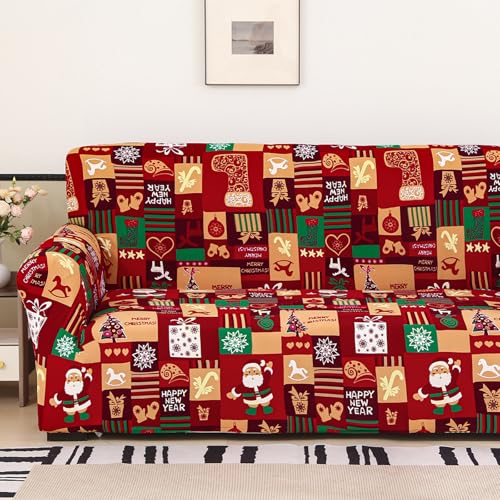 Mybedsoul Capa de sofá de Natal, capa elástica de Papai Noel, lavável à máquina com tema natalino, capa de sofá vermelha para sala de estar, decoração de festival em casa (2 lugares/namoradeira)