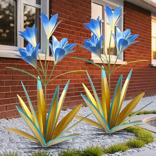 Image of TOMBABY 32.28 Inch Metal Agave Plant Outdoor Decoration Lily Mexican Yard Art Garden Gift Home Decor Hand Painted Metal Agave Garden Yard Statue (2pc, Blue)