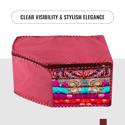 Image of Urbane Home Blouse Cover | Clothes Storage Bag | Zipper Wardrobe Organizers | Non-Woven Clothes Organiser | Side Transparent Blouse Organizer | Dot Border | Pack of 6 | Maroon