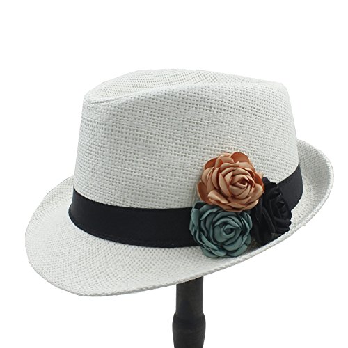 HUACHEN Toquilla Strohhut Mode Frauen Boater Strand Sonnenhut für Elegante Dame Sommer Chapeu Feminino Panama Fedora Hut mit Kamelie Blume Outdoor-Hüte (Farbe : 2, Größe : 58 cm) Cover