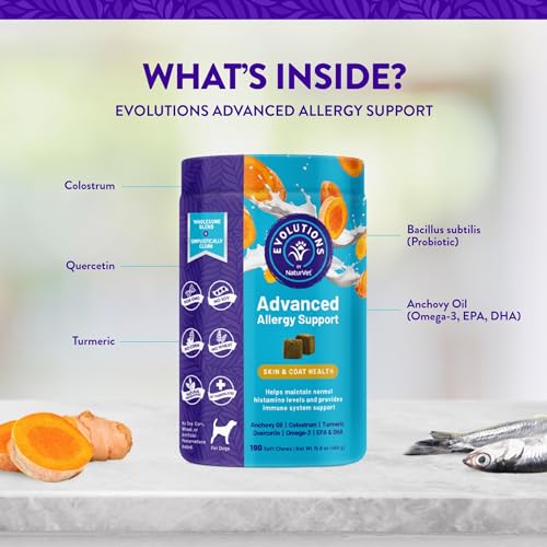 NaturVet Evolutions Advanced Allergy Support 180ct Soft Chews for Dogs - Omega-3, Anchovy Oil, Colostrum, Turmeric, Quercetin, Probiotic - Help Maintain Normal Histamine Levels