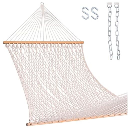 Lazy Daze Hammocks Cotton Rope Double Hammock with Wood Spreader, Chains and Hooks, for Two Person, 450 Pounds Capacity, Natural