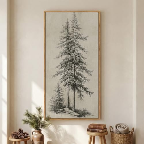 Large Framed Vertical Vintage Pine Tree Wall Art for...