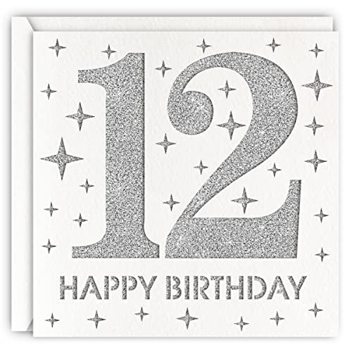 MAGJUCHE Silver 12th Birthday Card, Laser Cut Glitter Girl Boy Age 12 Gift For Daughter, Son