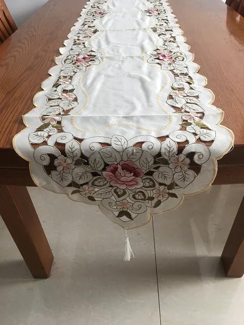 MONKDECOR Satin Embroidery Dining Table Runner (Size-15x70 Inches) Design-6 (Pink