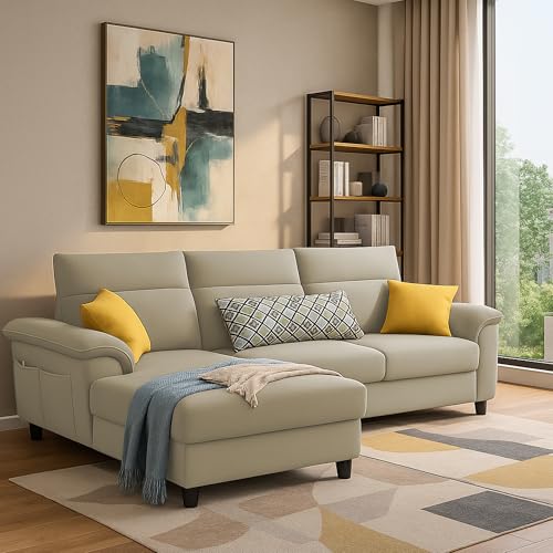 Image of Casaliving Seams LHS 4 Seater L Shape Sofa for Living Room (Cream Fabric) Premium Fabric Sofa
