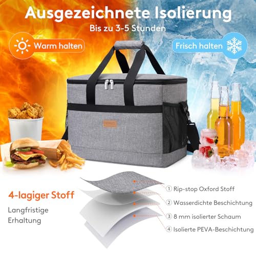 Lifewit 30L 50 Dosen Kühltasche Groß faltbar Kühlkorb Kühlbox Isoliertasche Thermotasche Picknicktasche für Lebensmitteltransport, Grau 4