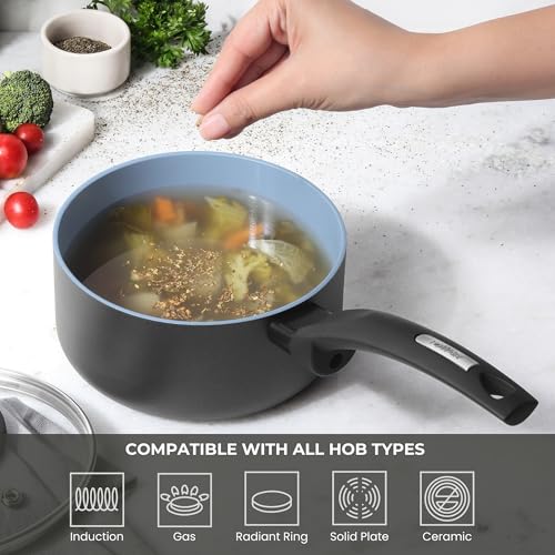 Image of Tower Cerasure 16cm(1.5L) Ceramic Non-Stick Sauce Pan /Milk Pan with Lid for Low Oil Cooking, Quick & Even Heating,Gas & Induction Compatible, Soft Touch Handles, 100% Toxin Free, 1.5-Year Warranty
