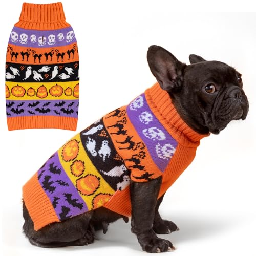 KYEESE Halloween Dog Sweater Turtleneck for Small Dogs Soft and Warm Knitwear Dog Clothes with Pumpkin Ghost Pattern Leash Hole Design Comfortable Holiday Pet Sweater Costume for Doggie X-Large