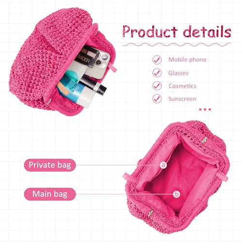 امبرير شنطة كلاتش من القش للنساء حقيبة دامبلينغ سحابة من القش شنطة كروس بودي كتف حقيبة يد صيفية للشاطئ حقيبة منسوجة