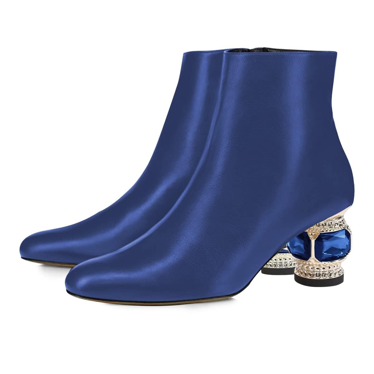 FSJ Women Round Toe Crystal Chunky Block Low Heel Ankle Boots Fashion Side Zipper Casual Prom Walking Shoes Size 4-16 US