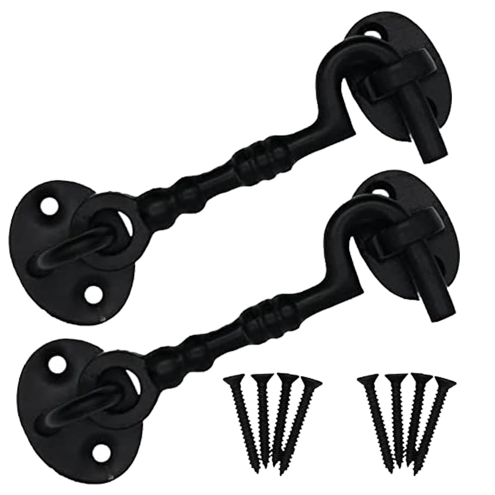 Heavy Duty Black Cabin Hook and Eye 100 mm/4 Inch Cast Iron Fancy Cabin Hook & Eye Silent Door Catch Latch Holder with Screws Cabin Hook for Shed Gate Latch 2 Pack.